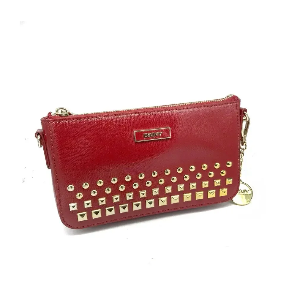 DKNY Red Saffiano Leather Studded Crossbody Clutch, Gold Hardware & Charm NWOT